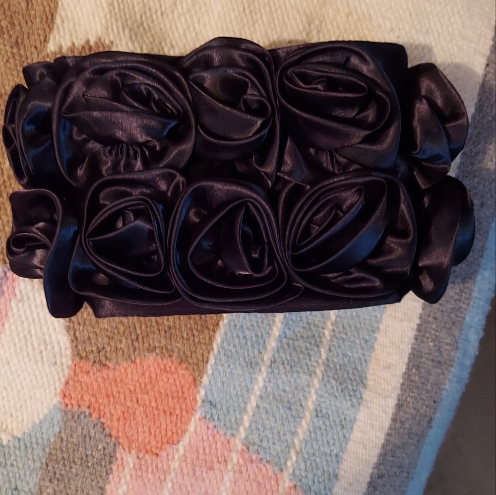 Lori Grenier Black satin rosette evening purse